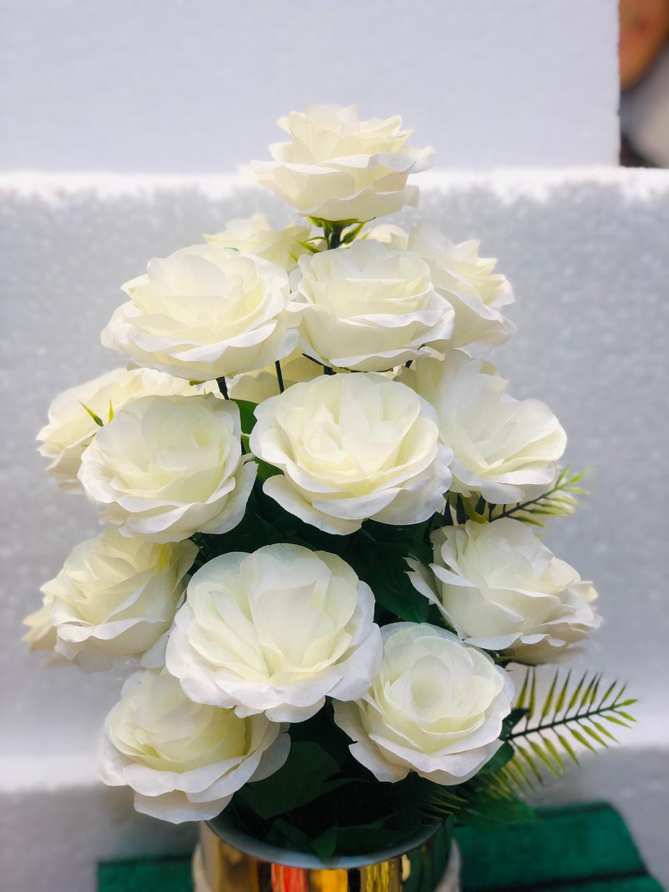 Artificial White Rose Flower Bouquet in Unbreakable Plastic Pot – Home & Office Décor