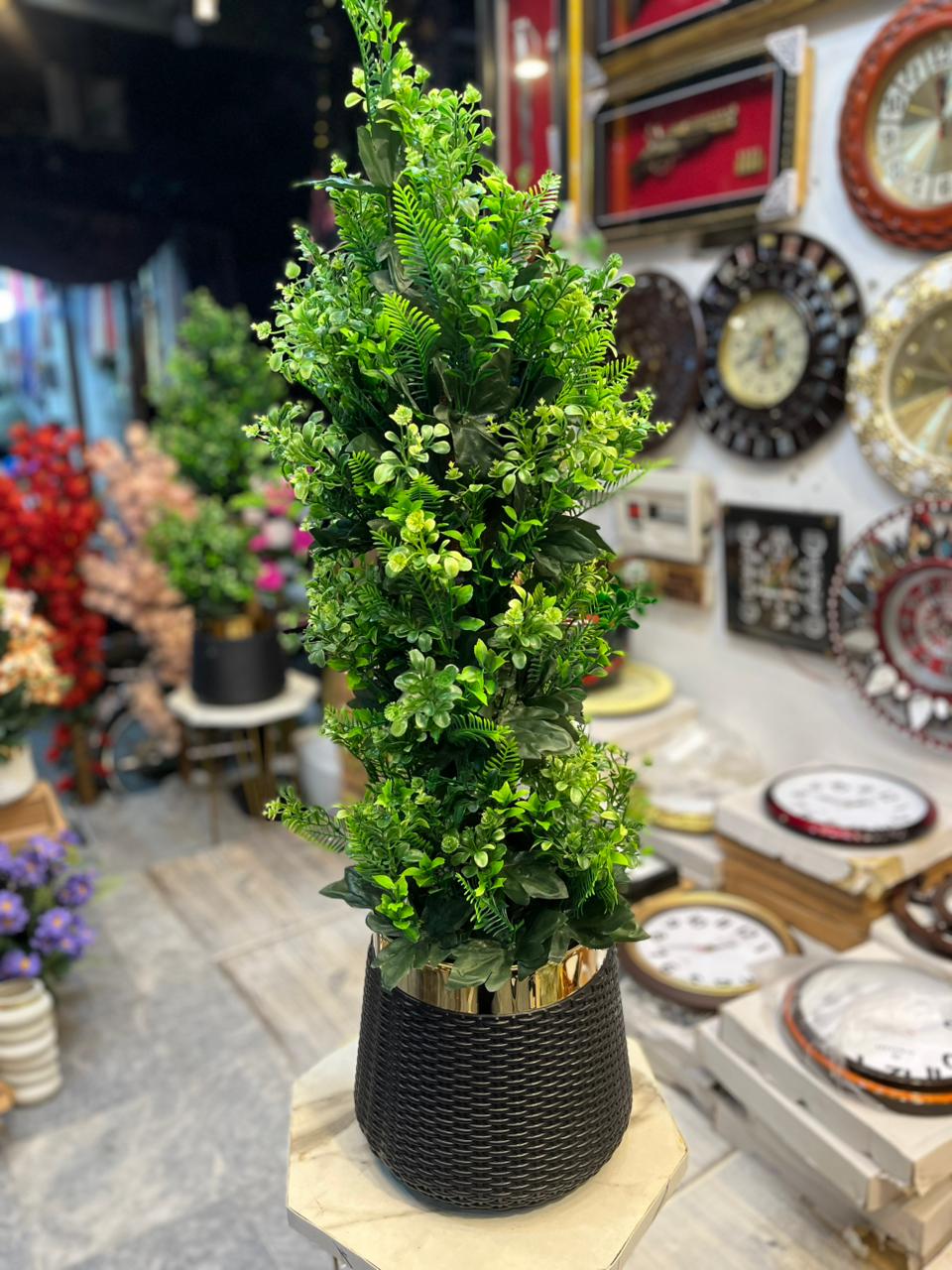 Artificial Green Plant in Black & Gold Pot (43 Inches)