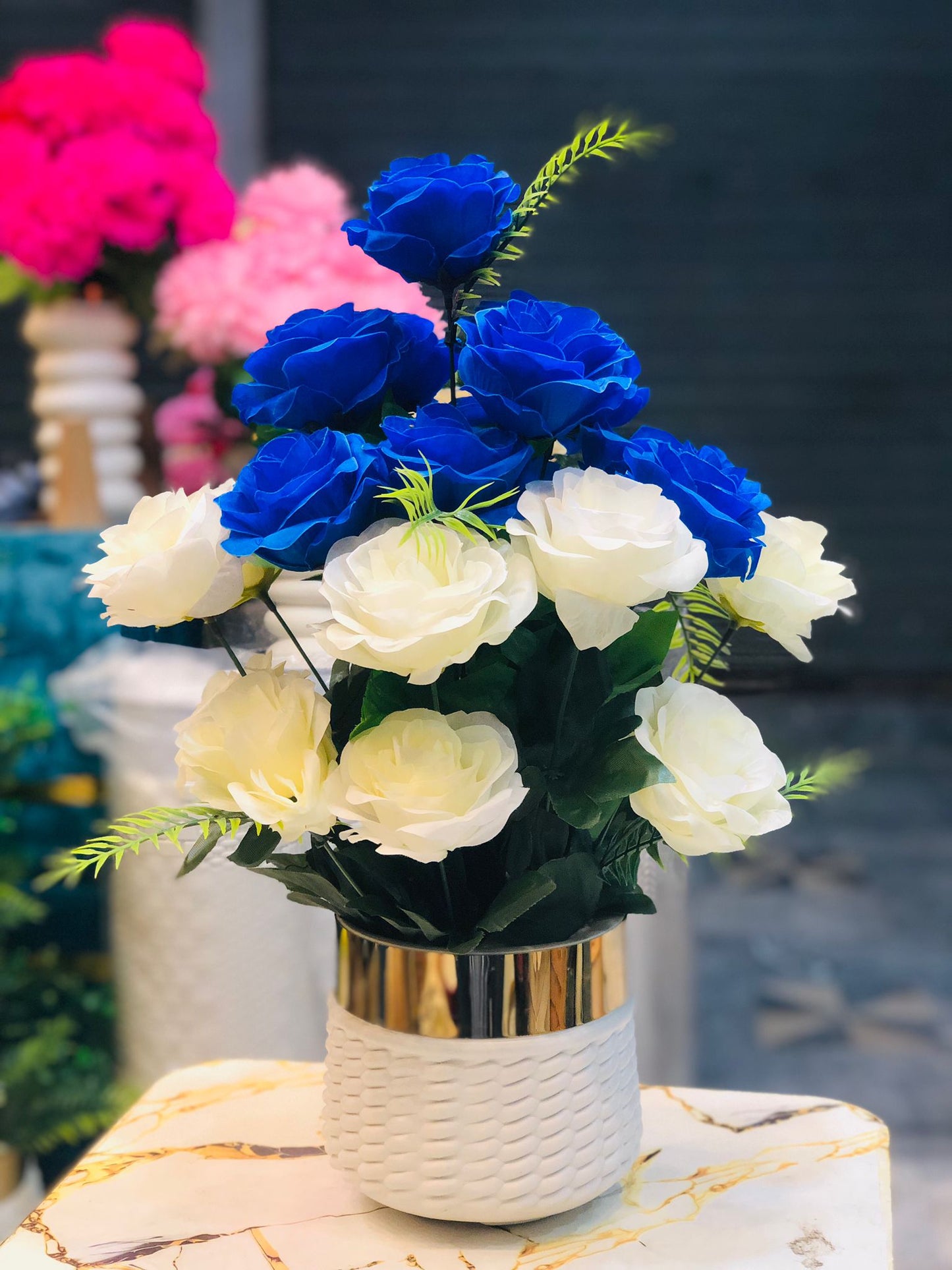 Artificial peach Blue and White Flower Bouquet in Unbreakable Plastic Pot – Home & Office Décor