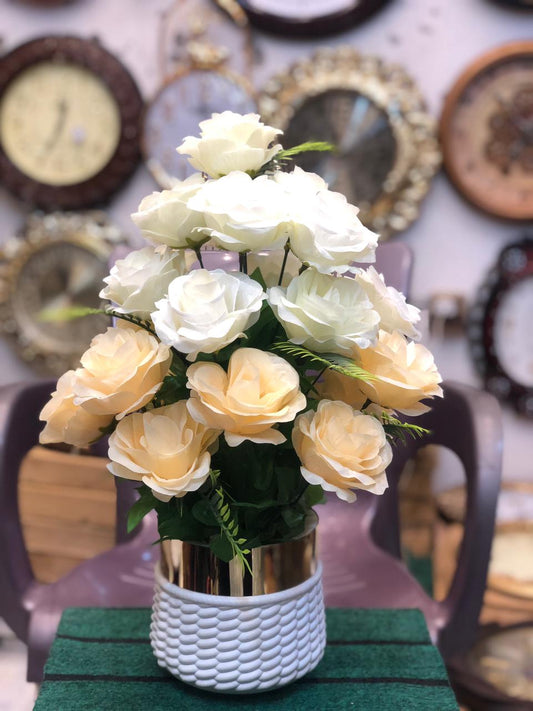 Artificial Peach and White Rose Flower Bouquet in Ceramic Vase – Home & Office Décor