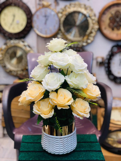 Artificial Peach and White Rose Flower Bouquet in Ceramic Vase – Home & Office Décor