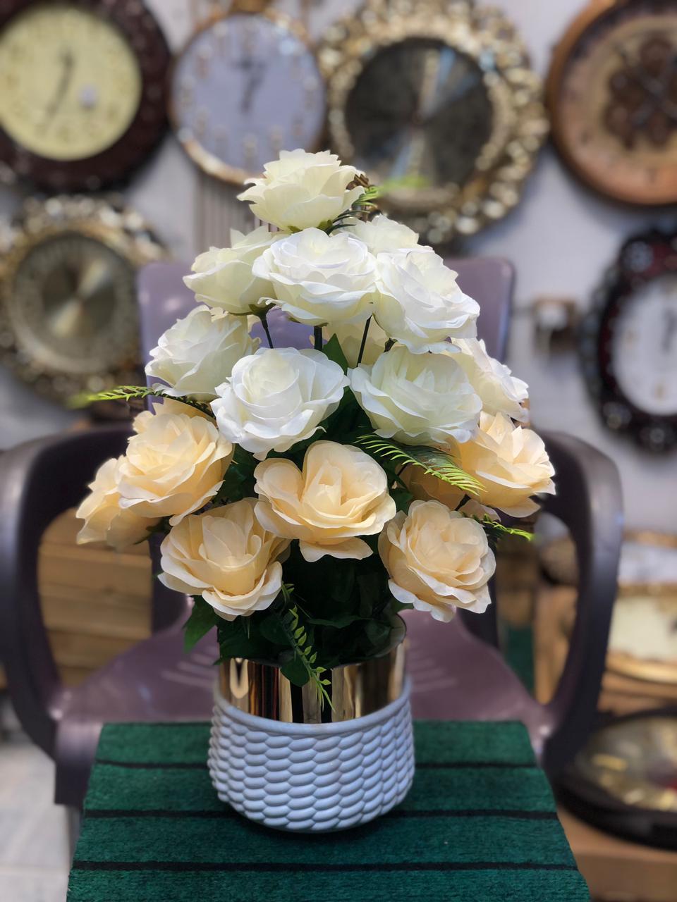 Artificial Peach and White Rose Flower Bouquet in Ceramic Vase – Home & Office Décor