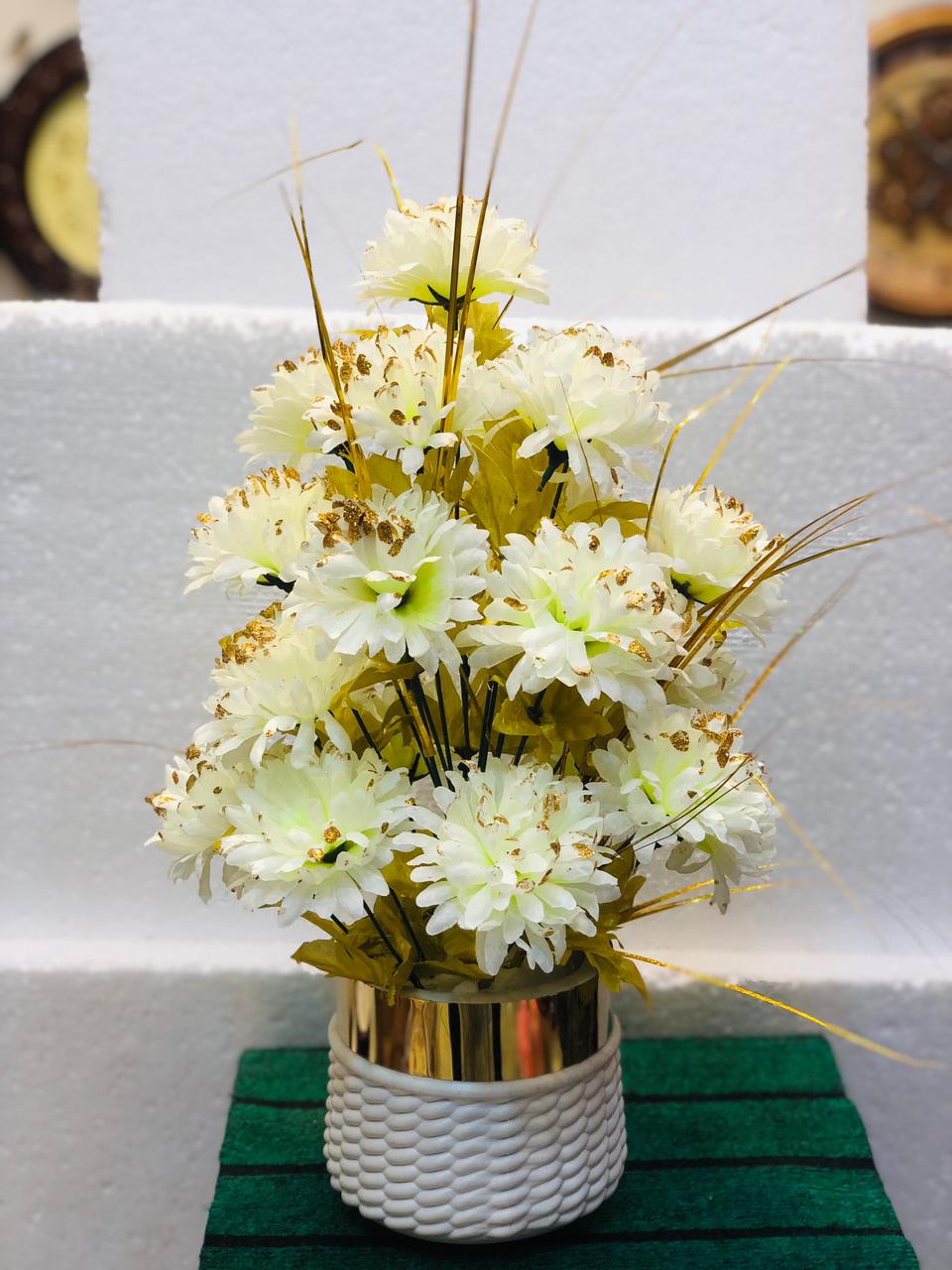 Elegant White & Gold Artificial Flower Arrangement in Ceramic Vase