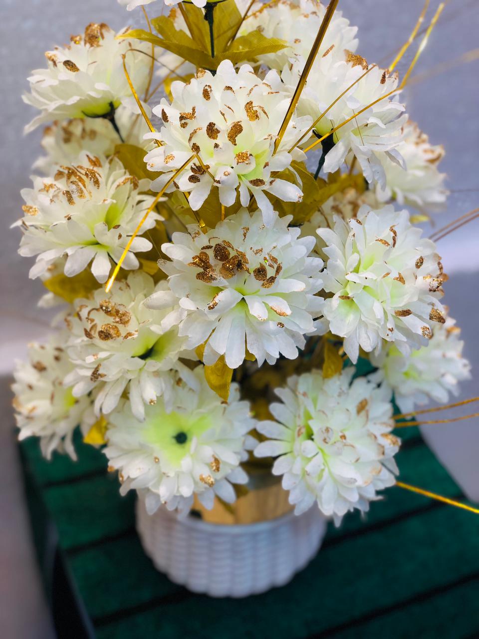 Elegant White & Gold Artificial Flower Arrangement in Ceramic Vase