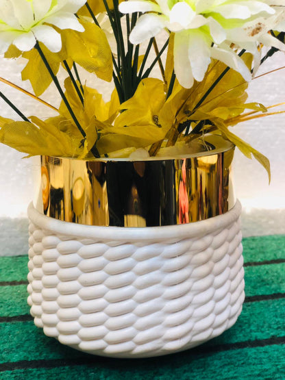 Elegant White & Gold Artificial Flower Arrangement in Ceramic Vase