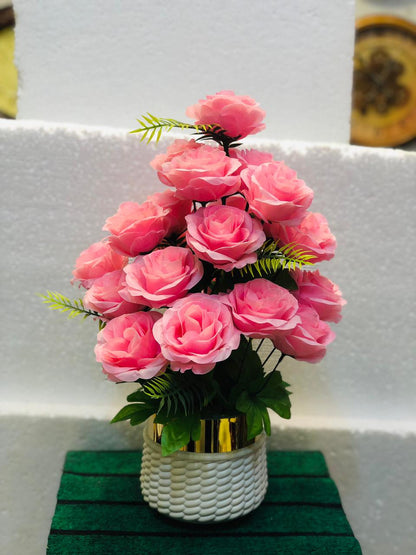 Artificial Pink Rose Flower Bouquet in Unbreakable Plastic Pot – Home & Office Décor
