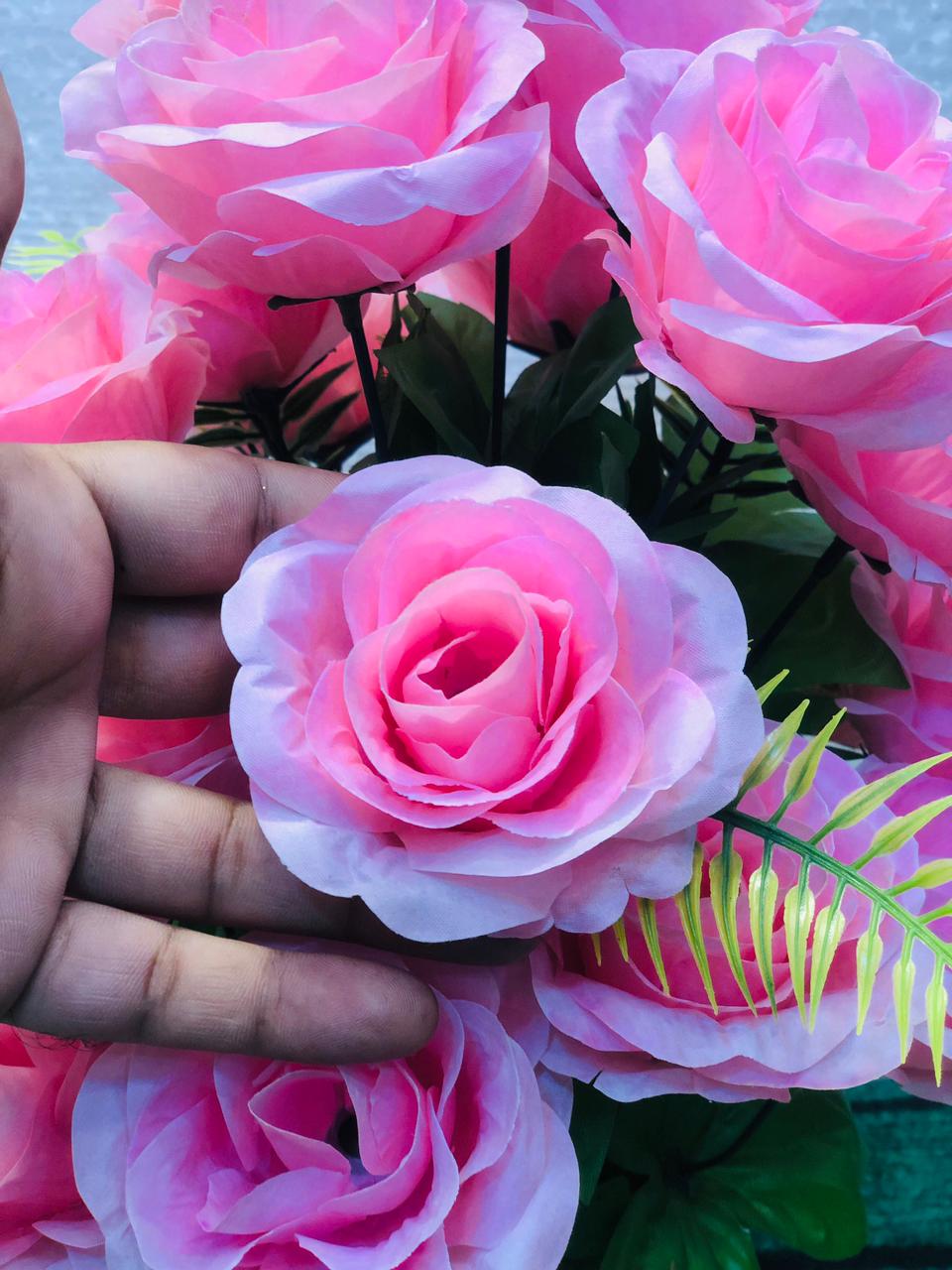 Artificial Pink Rose Flower Bouquet in Unbreakable Plastic Pot – Home & Office Décor