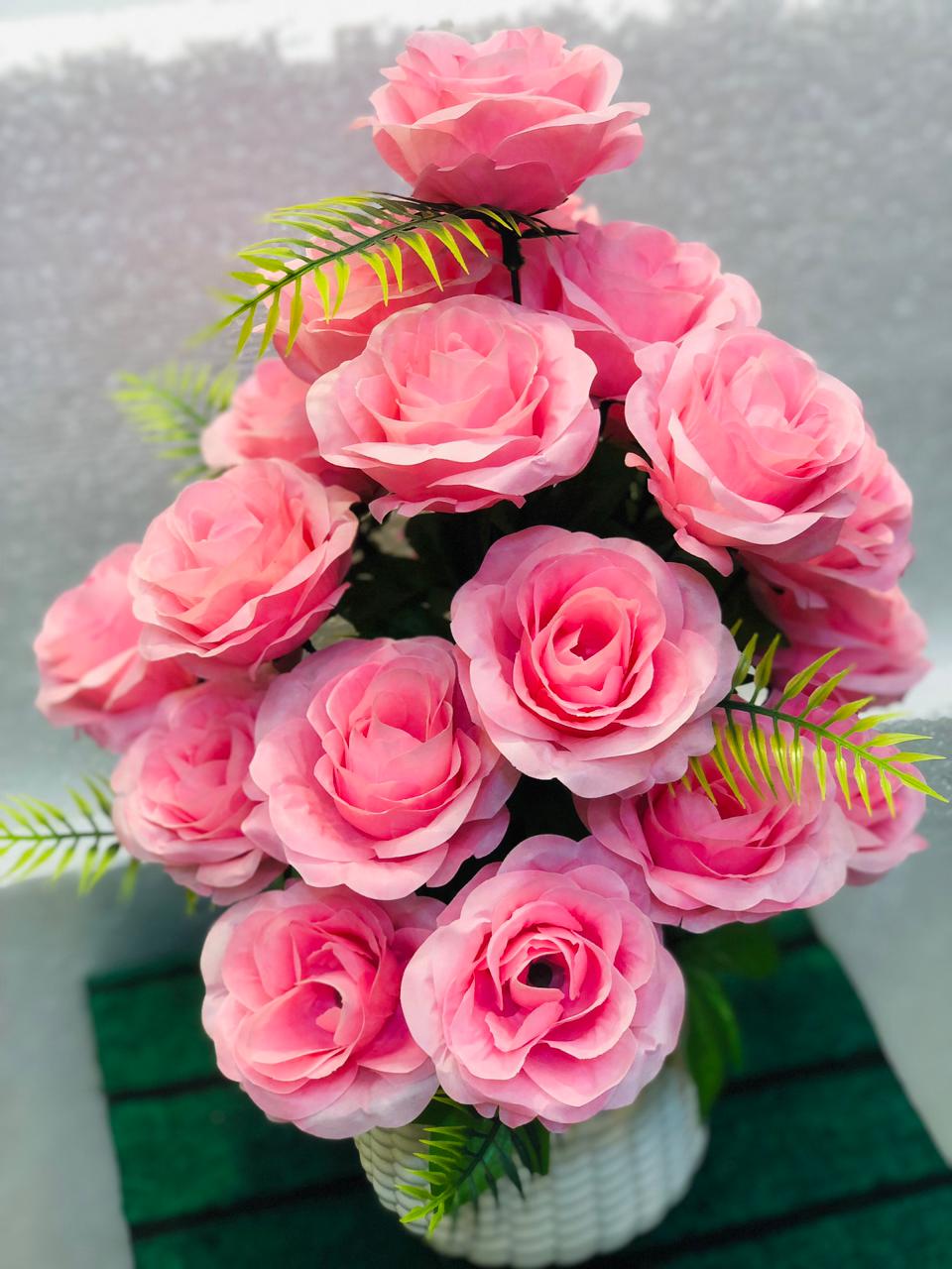 Artificial Pink Rose Flower Bouquet in Unbreakable Plastic Pot – Home & Office Décor