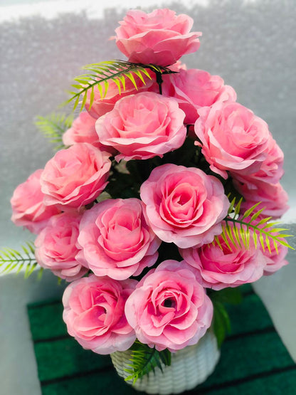 Artificial Pink Rose Flower Bouquet in Unbreakable Plastic Pot – Home & Office Décor
