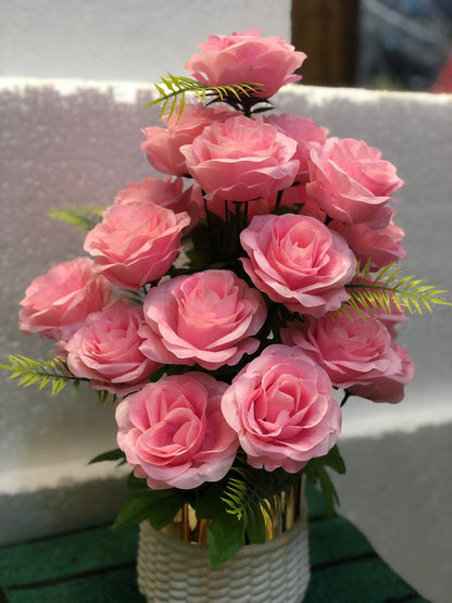 Artificial Pink Rose Flower Bouquet in Unbreakable Plastic Pot – Home & Office Décor