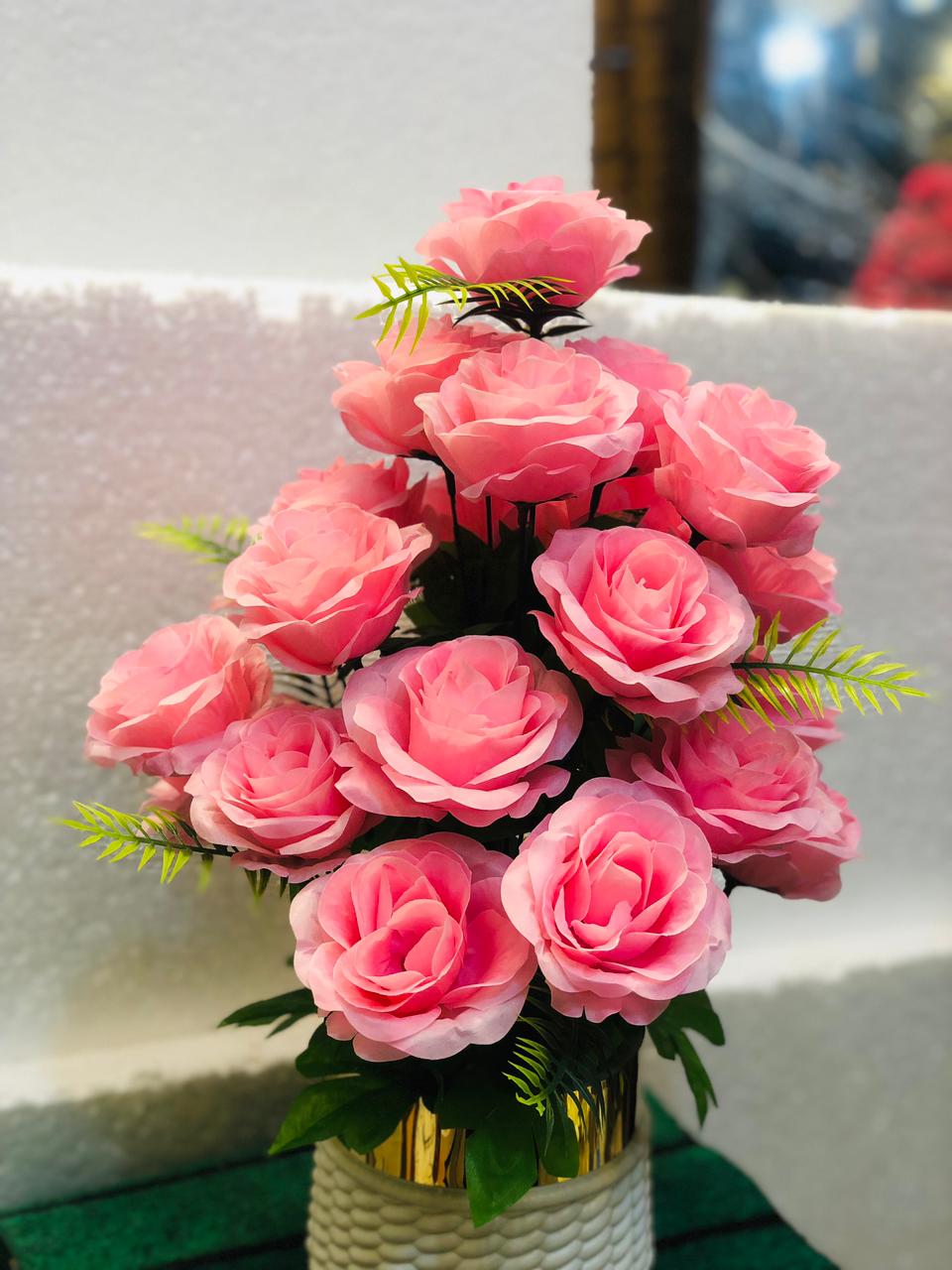 Artificial Pink Rose Flower Bouquet in Unbreakable Plastic Pot – Home & Office Décor