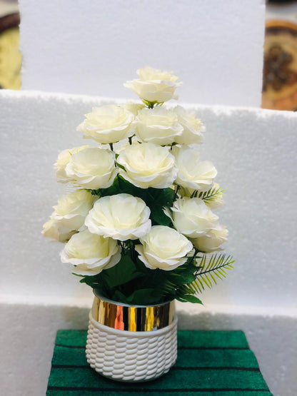 Artificial White Rose Flower Bouquet in Unbreakable Plastic Pot – Home & Office Décor