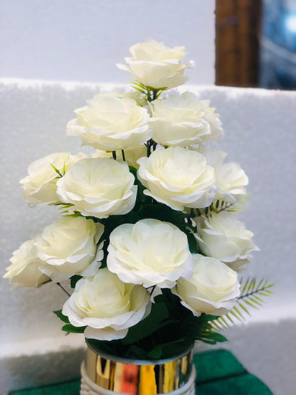 Artificial White Rose Flower Bouquet in Unbreakable Plastic Pot – Home & Office Décor