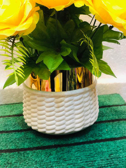 Artificial Yellow Rose Flower Bouquet in Unbreakable Plastic Pot – Home & Office Décor