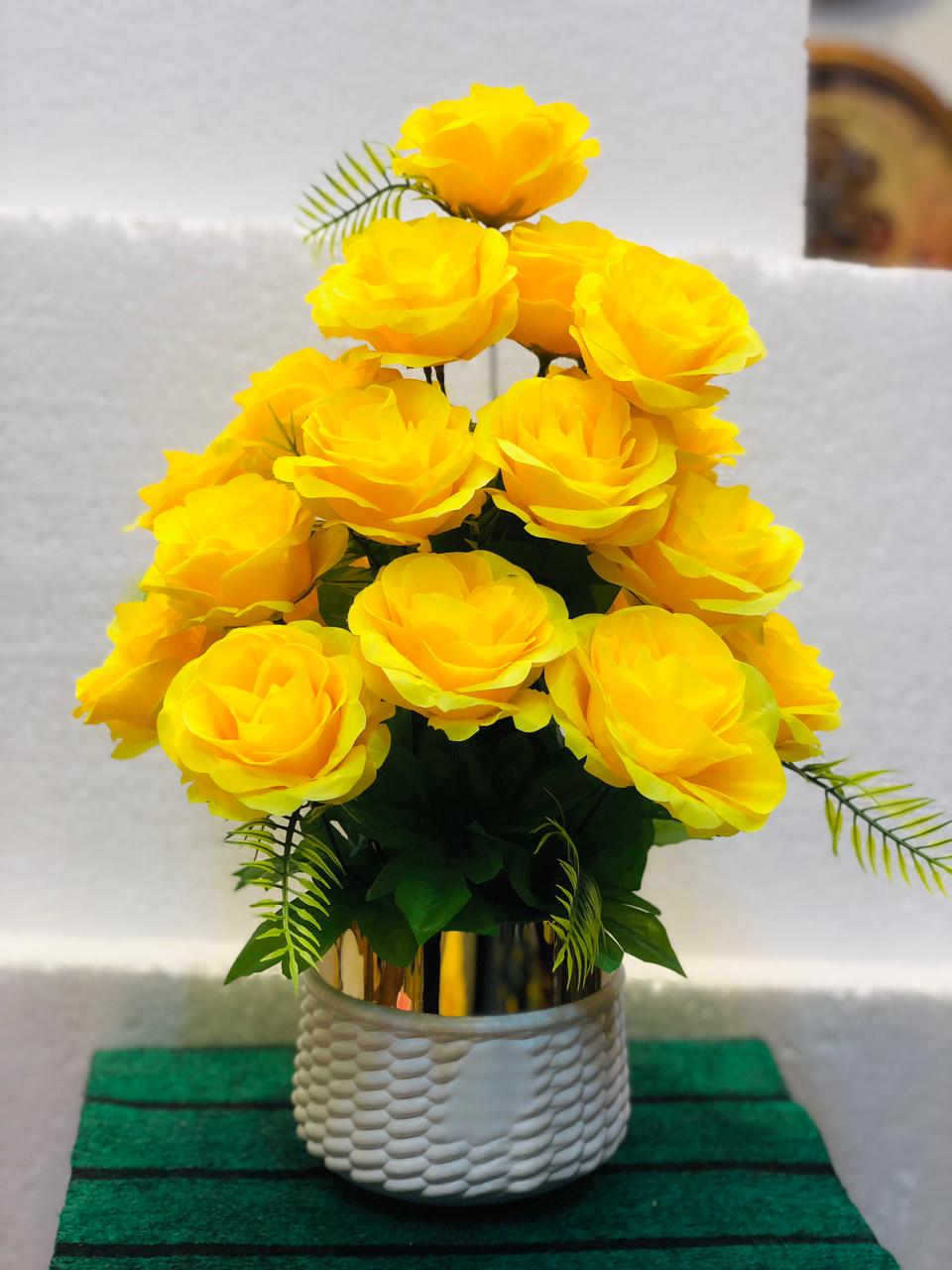 Artificial Yellow Rose Flower Bouquet in Unbreakable Plastic Pot – Home & Office Décor