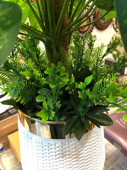 36-Leaf Artificial Green Plant with White & Gold Pot – 3.5ft Tall Faux Indoor Decor for Home, Office & Living Room