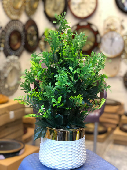 Artificial Green Plant in White & Gold Pot – Realistic Faux Décor for Home & Office