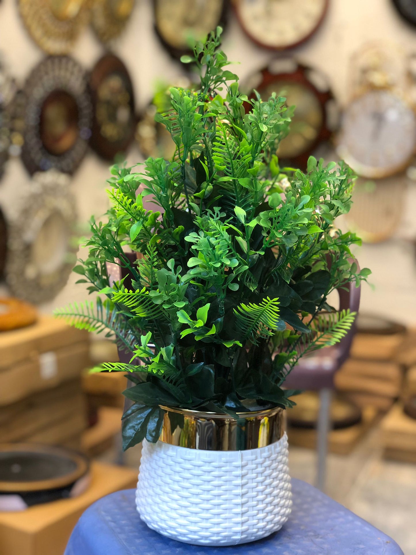 Artificial Green Plant in White & Gold Pot – Realistic Faux Décor for Home & Office