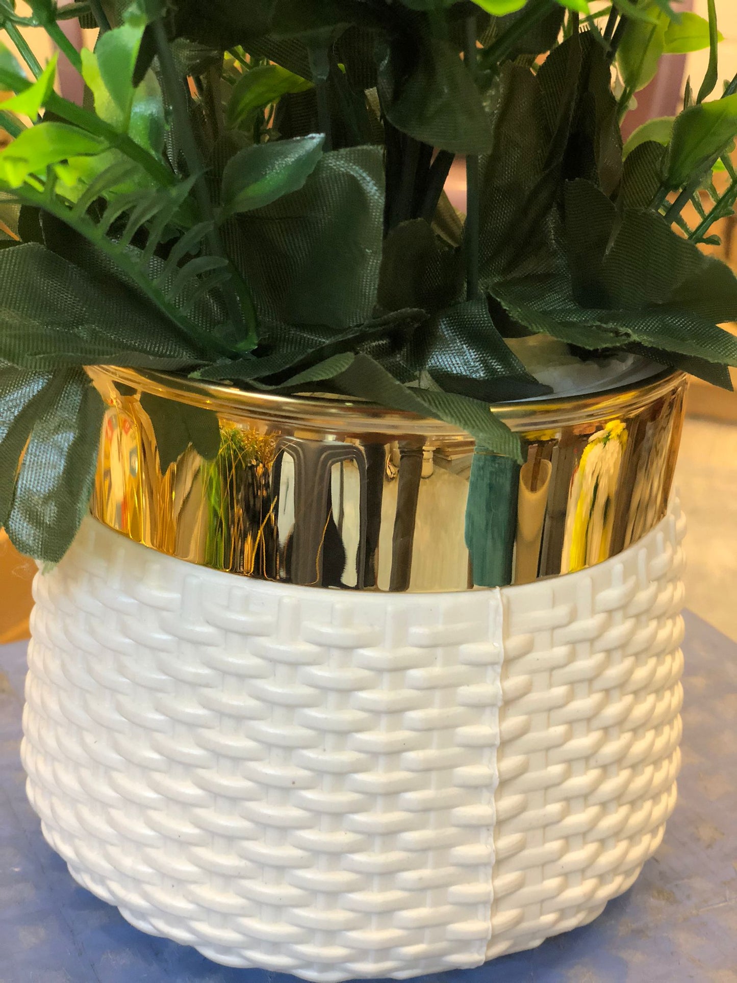 Artificial Green Plant in White & Gold Pot – Realistic Faux Décor for Home & Office