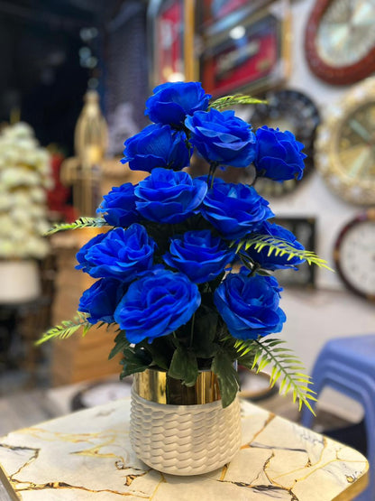 Artificial Blue Rose Flower Bouquet in Unbreakable Plastic Pot – Home & Office Décor