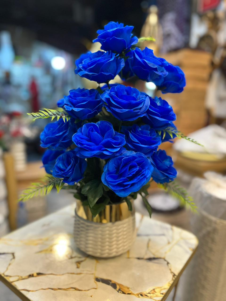 Artificial Blue Rose Flower Bouquet in Unbreakable Plastic Pot – Home & Office Décor