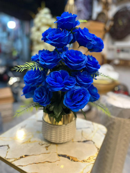 Artificial Blue Rose Flower Bouquet in Unbreakable Plastic Pot – Home & Office Décor