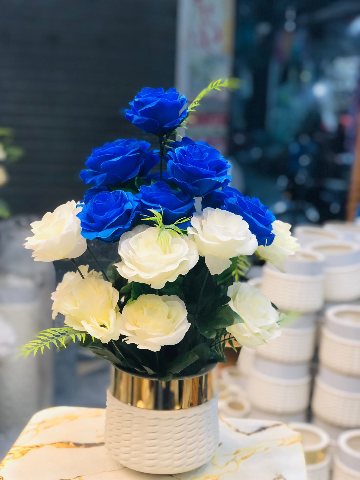 Artificial peach Blue and White Flower Bouquet in Unbreakable Plastic Pot – Home & Office Décor