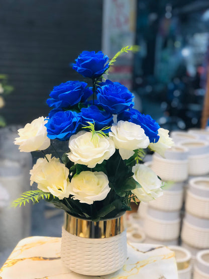 Artificial peach Blue and White Flower Bouquet in Unbreakable Plastic Pot – Home & Office Décor