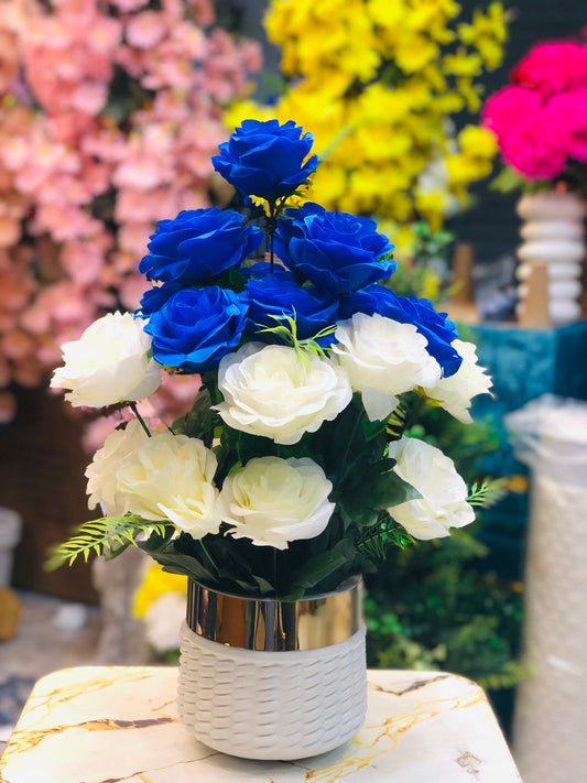 Artificial peach Blue and White Flower Bouquet in Unbreakable Plastic Pot – Home & Office Décor