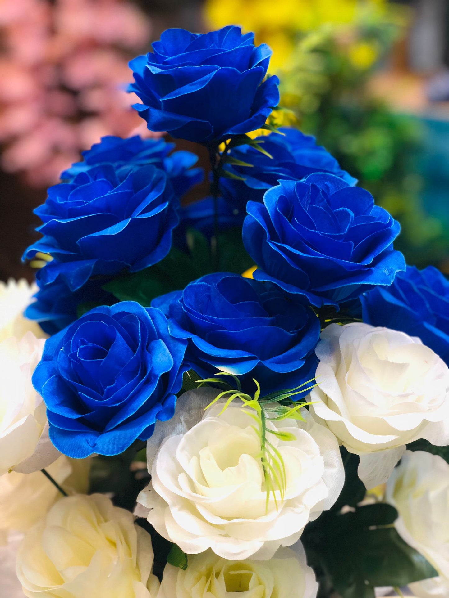 Artificial peach Blue and White Flower Bouquet in Unbreakable Plastic Pot – Home & Office Décor