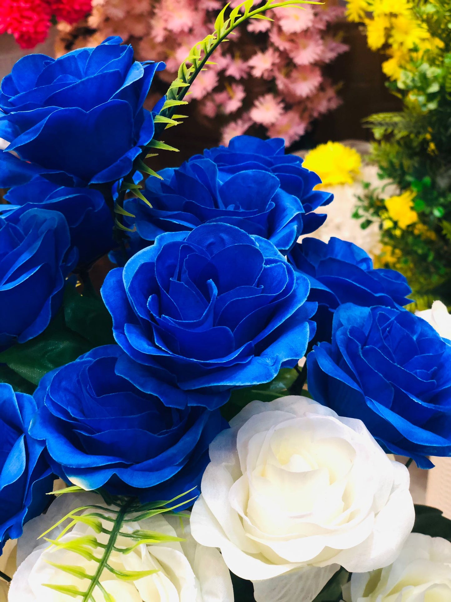 Artificial peach Blue and White Flower Bouquet in Unbreakable Plastic Pot – Home & Office Décor