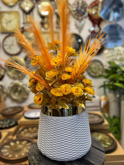 Premium Artificial Flower Arrangement in White & Gold Pot – 28” Elegant Decor with 36 Blooms & Feather Stem for Home, Office & Showrooms