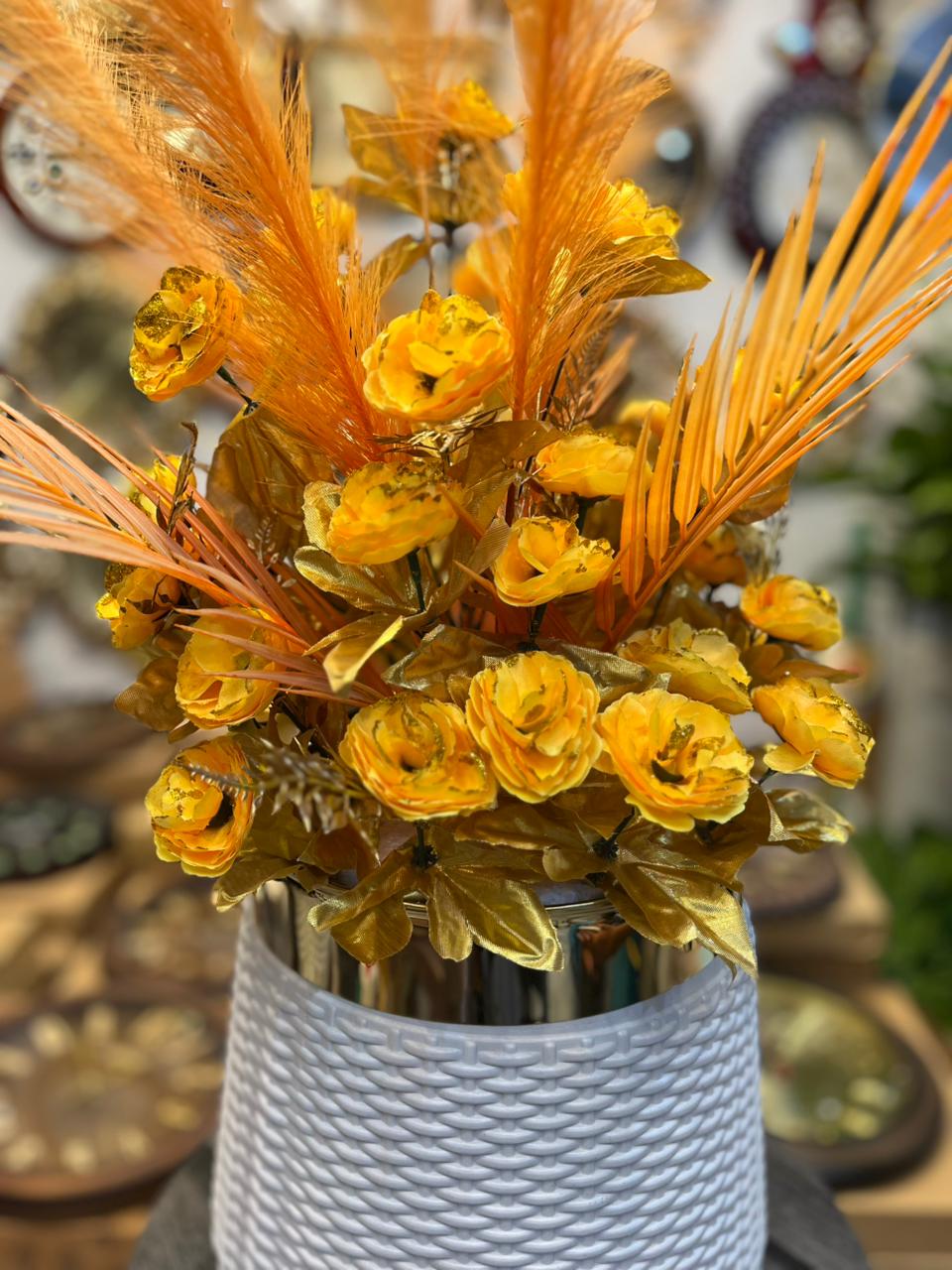 Premium Artificial Flower Arrangement in White & Gold Pot – 28” Elegant Decor with 36 Blooms & Feather Stem for Home, Office & Showrooms