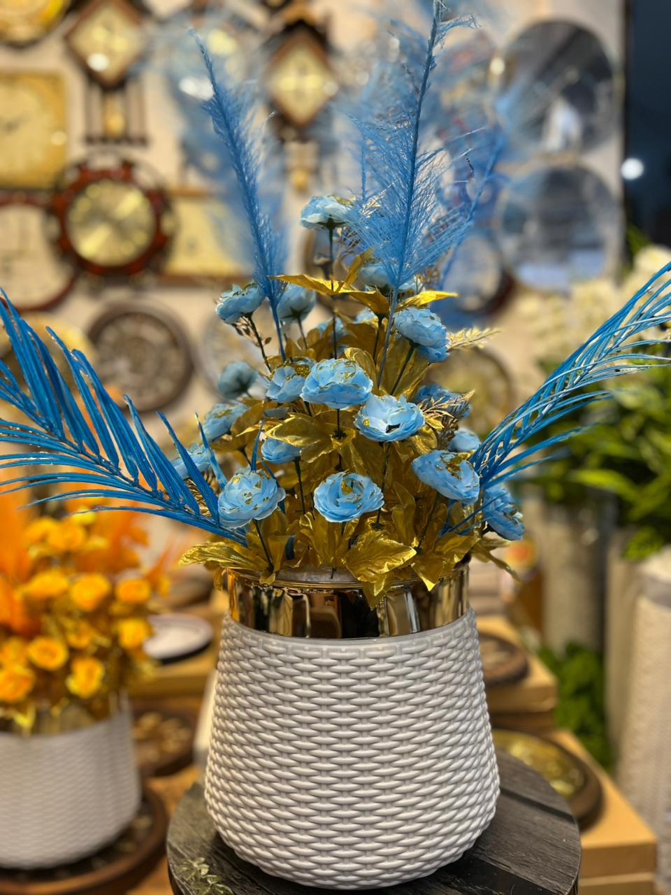 Premium Artificial Flower Arrangement in White & Gold Pot – 28” Elegant Decor with 36 Blooms & Feather Stem for Home, Office & Showrooms