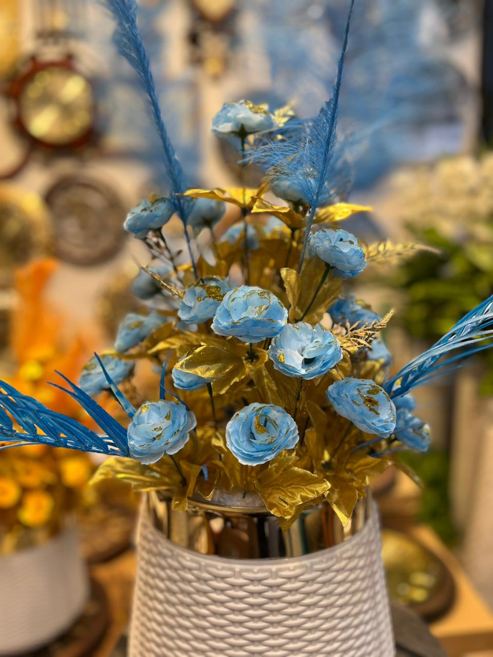 Premium Artificial Flower Arrangement in White & Gold Pot – 28” Elegant Decor with 36 Blooms & Feather Stem for Home, Office & Showrooms