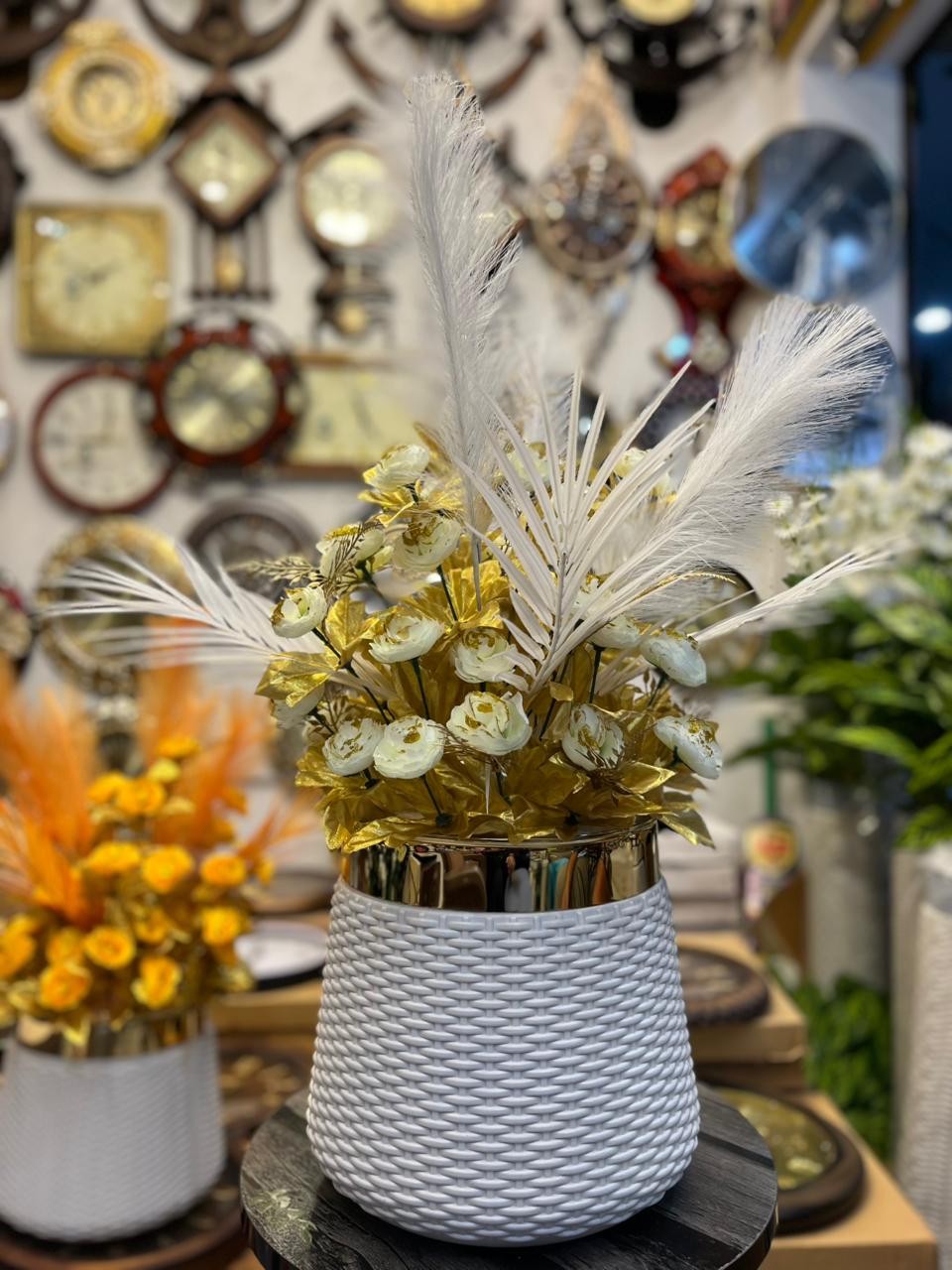 Premium Artificial Flower Arrangement in White & Gold Pot – 28” Elegant Decor with 36 Blooms & Feather Stem for Home, Office & Showrooms