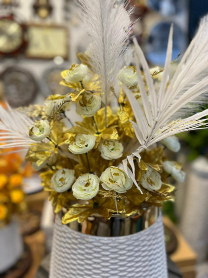 Premium Artificial Flower Arrangement in White & Gold Pot – 28” Elegant Decor with 36 Blooms & Feather Stem for Home, Office & Showrooms