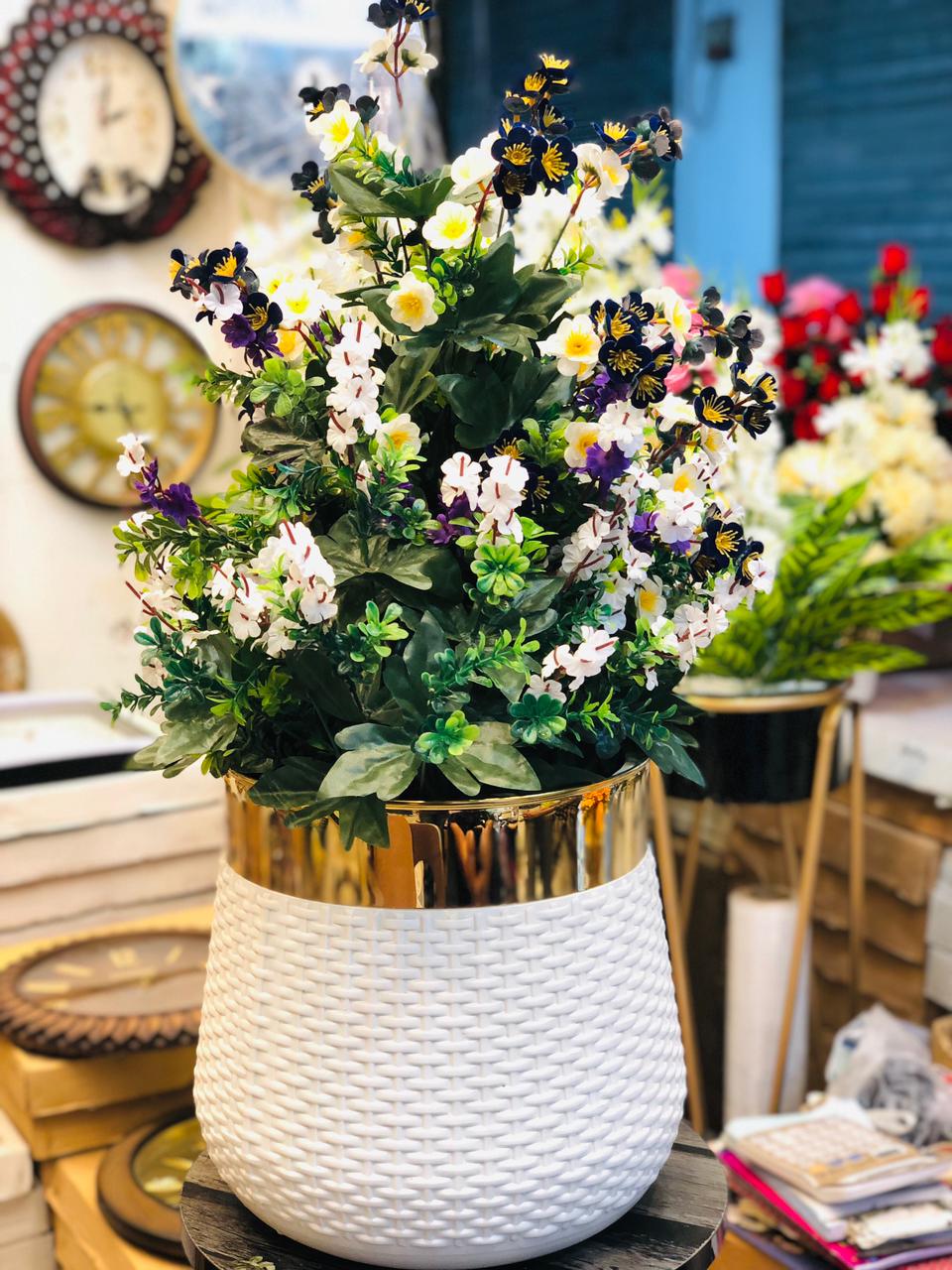 Luxury Artificial Flower Arrangement in White & Gold Pot – 30” Tall Unbreakable Plastic Vase with 100 Premium Blooms