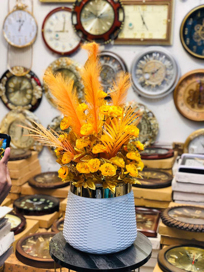 Premium Artificial Flower Arrangement in White & Gold Pot – 28” Elegant Decor with 36 Blooms & Feather Stem for Home, Office & Showrooms