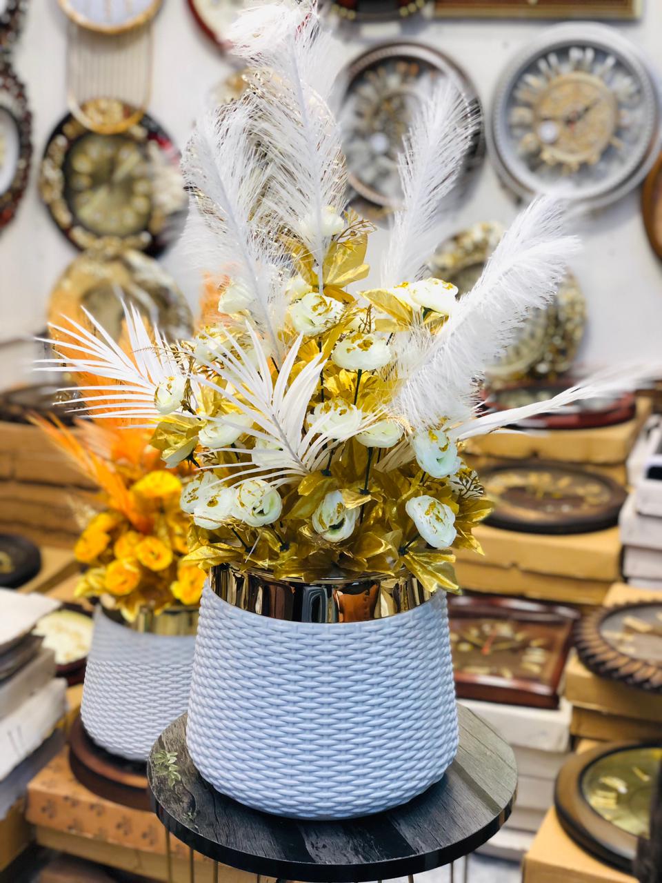 Premium Artificial Flower Arrangement in White & Gold Pot – 28” Elegant Decor with 36 Blooms & Feather Stem for Home, Office & Showrooms