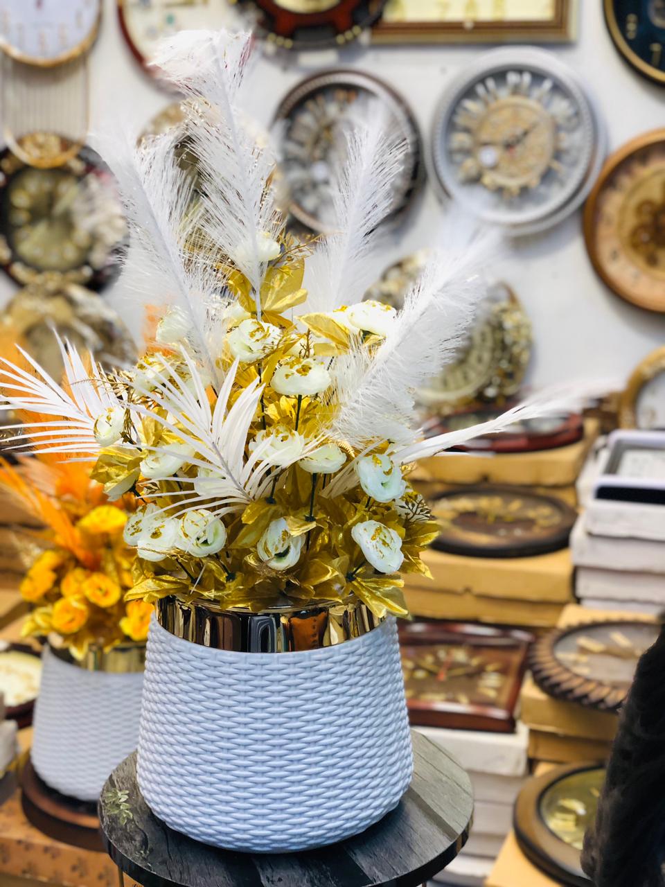 Premium Artificial Flower Arrangement in White & Gold Pot – 28” Elegant Decor with 36 Blooms & Feather Stem for Home, Office & Showrooms