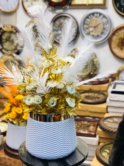 Premium Artificial Flower Arrangement in White & Gold Pot – 28” Elegant Decor with 36 Blooms & Feather Stem for Home, Office & Showrooms