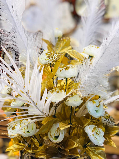 Premium Artificial Flower Arrangement in White & Gold Pot – 28” Elegant Decor with 36 Blooms & Feather Stem for Home, Office & Showrooms