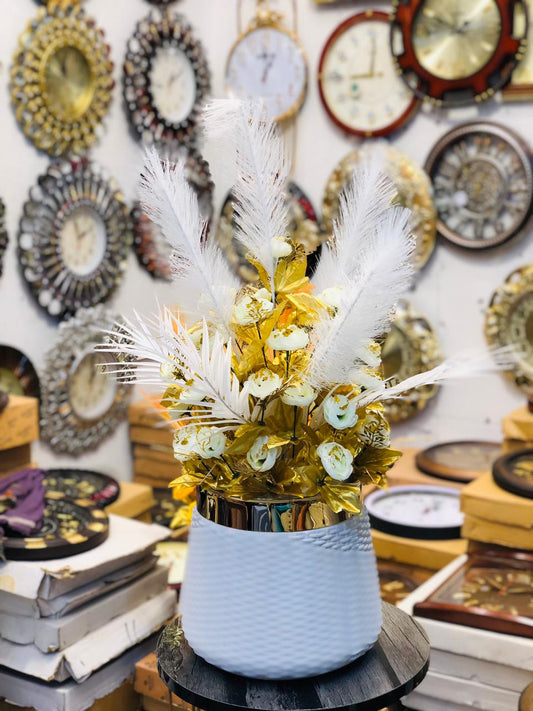 Premium Artificial Flower Arrangement in White & Gold Pot – 28” Elegant Decor with 36 Blooms & Feather Stem for Home, Office & Showrooms