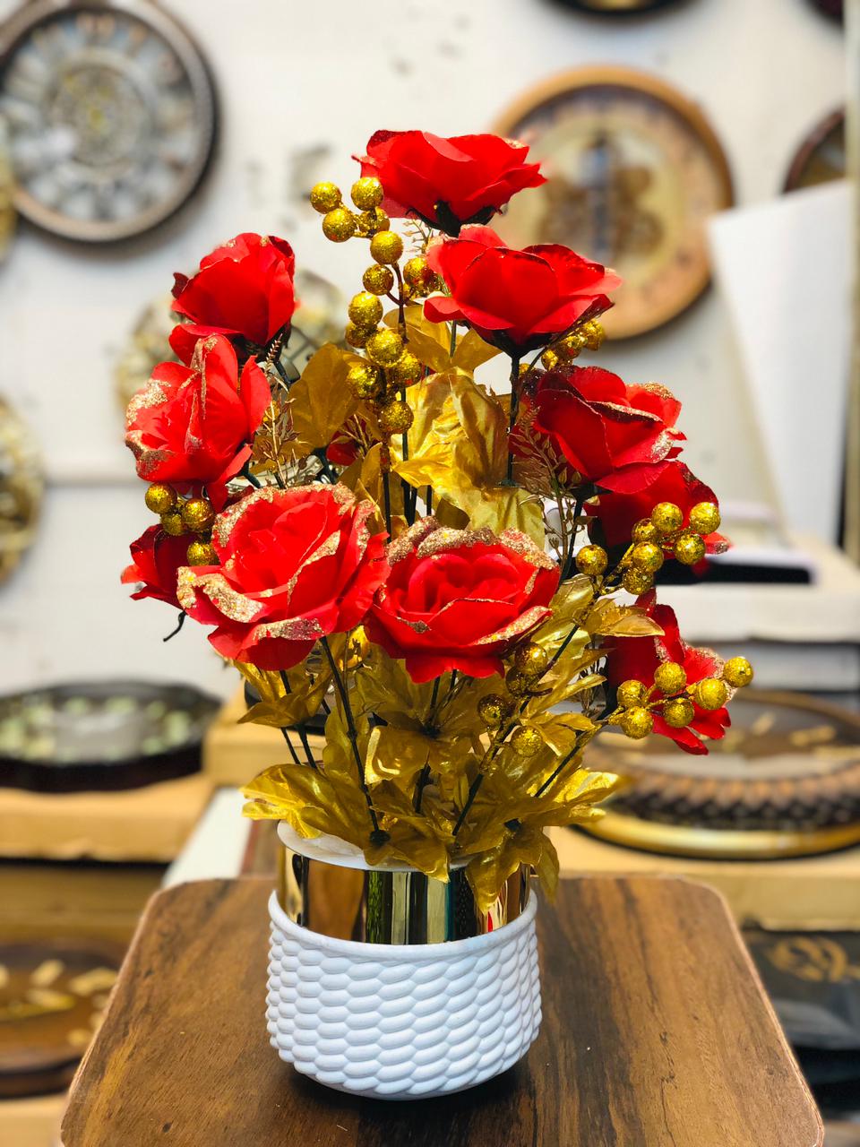 20” Red Artificial Flower Arrangement with White Unbreakable Pot & Gold Steel Neck | Luxury Home & Office Décor