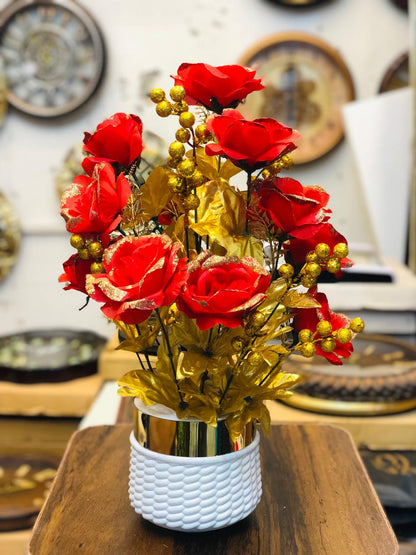 20” Red Artificial Flower Arrangement with White Unbreakable Pot & Gold Steel Neck | Luxury Home & Office Décor