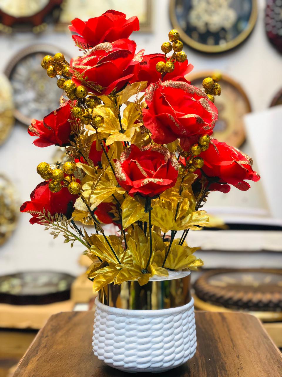 20” Red Artificial Flower Arrangement with White Unbreakable Pot & Gold Steel Neck | Luxury Home & Office Décor