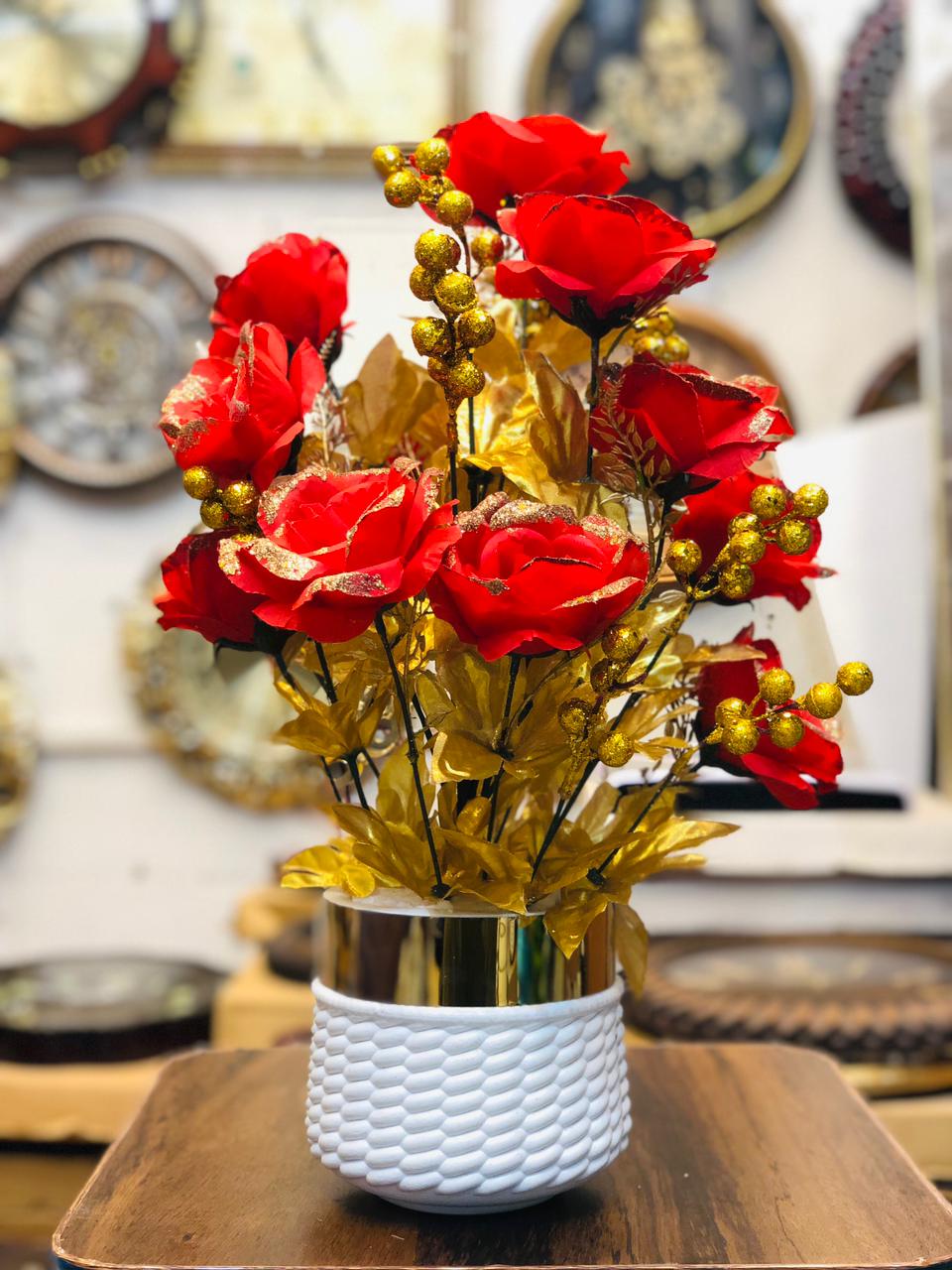 20” Red Artificial Flower Arrangement with White Unbreakable Pot & Gold Steel Neck | Luxury Home & Office Décor