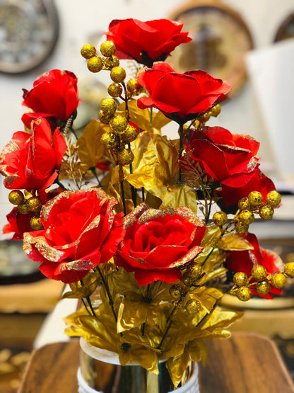 20” Red Artificial Flower Arrangement with White Unbreakable Pot & Gold Steel Neck | Luxury Home & Office Décor