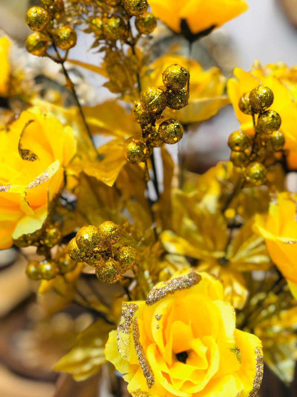 20” Yellow Artificial Flower Arrangement with White Unbreakable Pot & Gold Steel Neck | Luxury Home & Office Décor